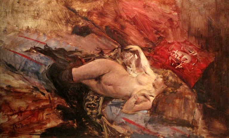 Boldini, Naked young woman lying down with black socks