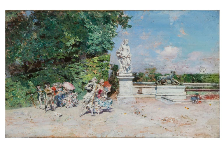 Giovanni Boldini, Romantic Scene in the Park of Versailles, 1877, oil on board, 14,5 x 24 cm