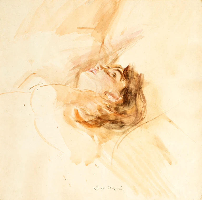 GIOVANNI BOLDINI, Head of a woman lying down, arm bent to caress her face, 1900-1910